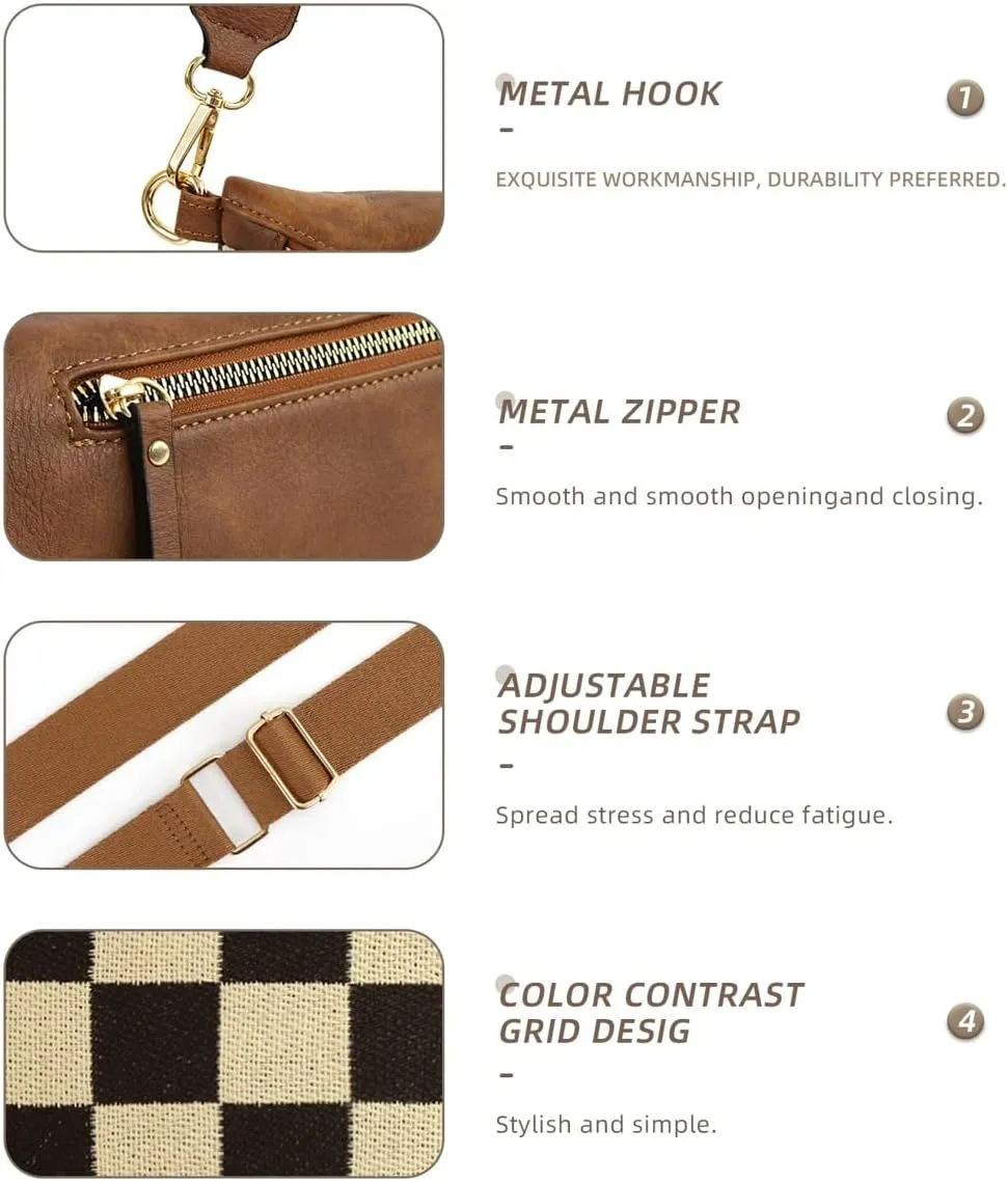 2 Pcs Checkered Crossbody Bags for Women Bum Bag Checkered Cross Body Sling Backpack Hobo Satchels Shoulder Wallet Purses