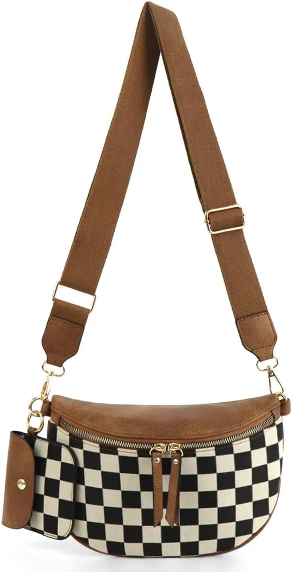2 Pcs Checkered Crossbody Bags for Women Bum Bag Checkered Cross Body Sling Backpack Hobo Satchels Shoulder Wallet Purses