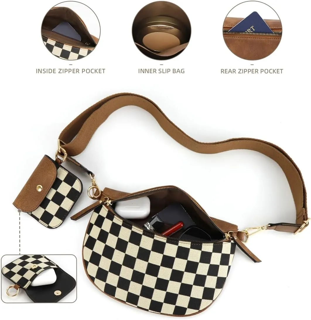 2 Pcs Checkered Crossbody Bags for Women Bum Bag Checkered Cross Body Sling Backpack Hobo Satchels Shoulder Wallet Purses