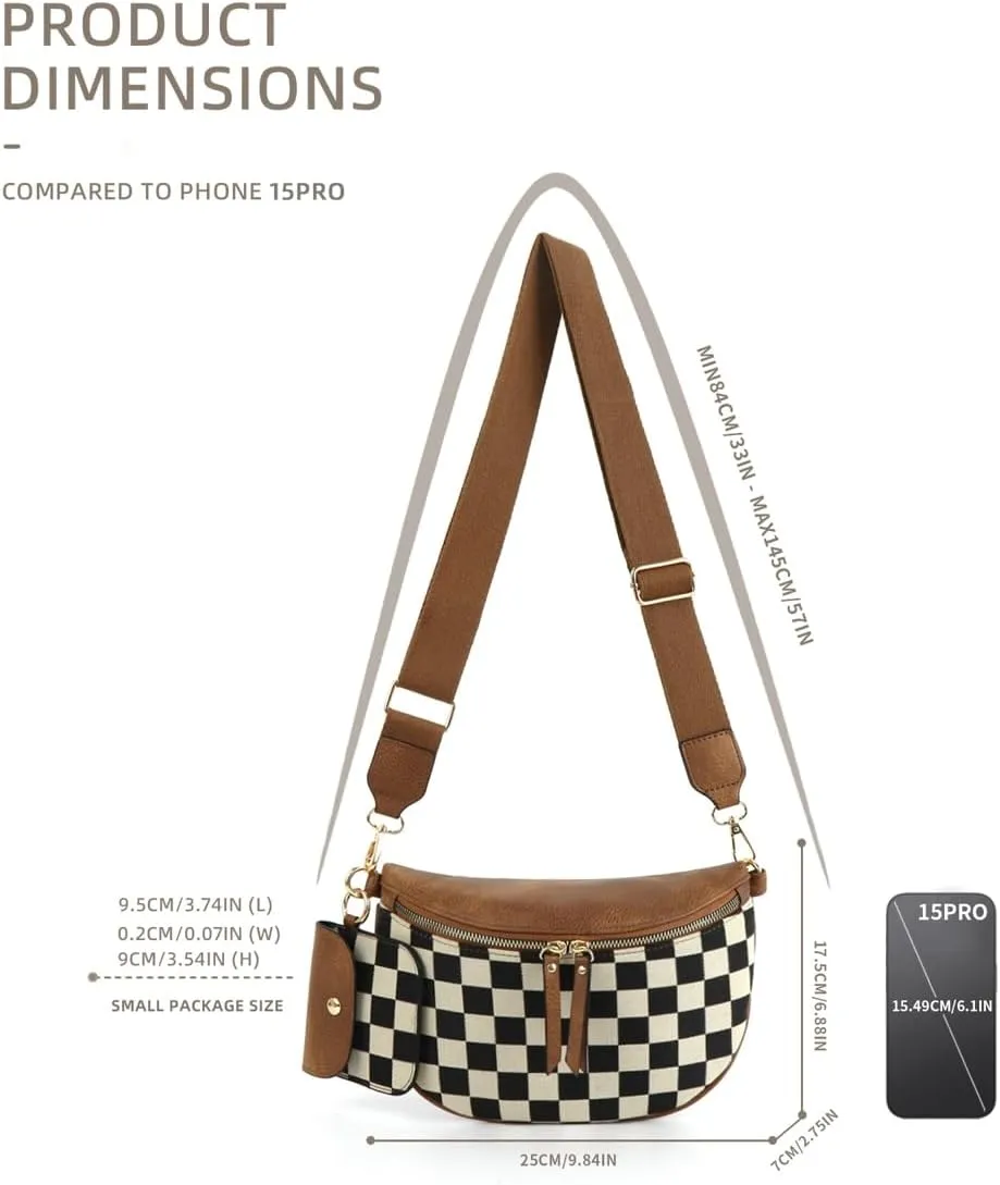 2 Pcs Checkered Crossbody Bags for Women Bum Bag Checkered Cross Body Sling Backpack Hobo Satchels Shoulder Wallet Purses