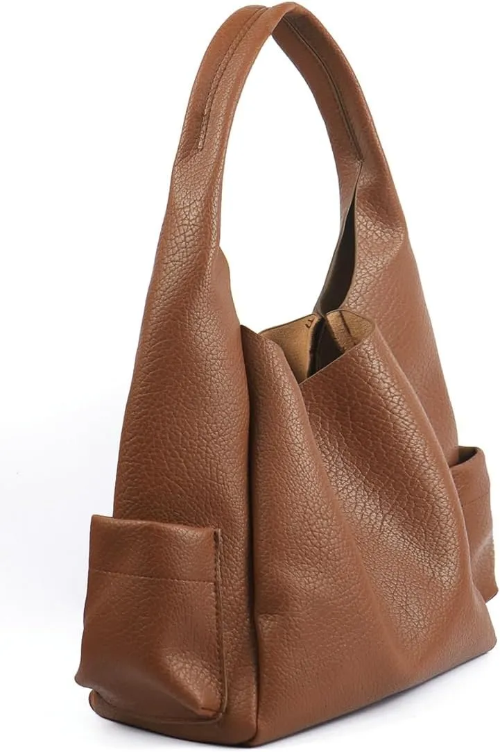 2 Pcs Slouchy PU Leather Bucket Bag Women Crescent Shoulder Bag Cute Hobo Bags Crossbody Purse Satchels Trendy Tote Handbag