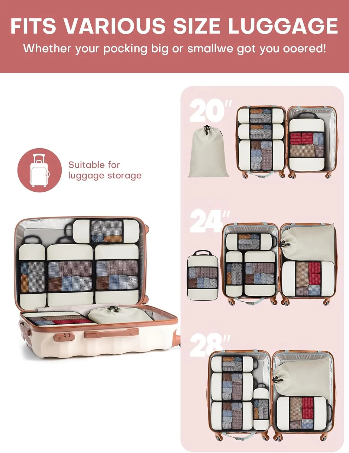 6 PCS Set Compression Packing Cubes for Travel, Lightweight Packing Organizer Bags Travel Essentials for Carry On, Suitcase, Home Closet - Beige