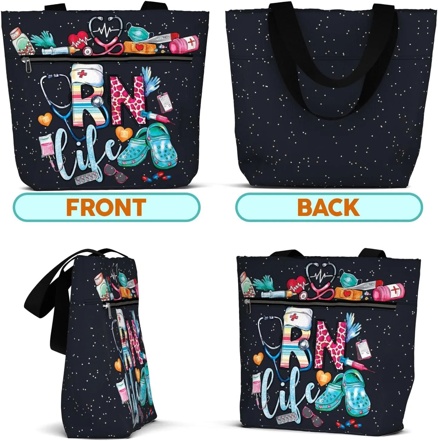 84hoods Aesthetic Tote Bag for Women. Gift for RN Registered Nurse. Large Shoulder Bag with Pockets and Zipper for Work.