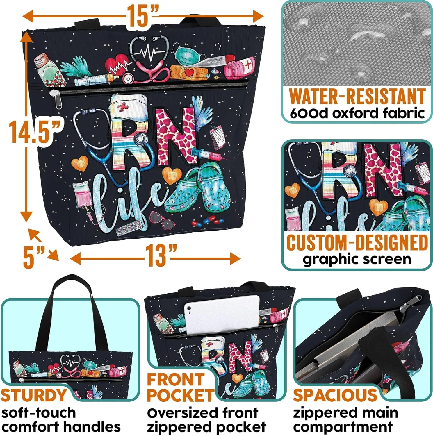 84hoods Aesthetic Tote Bag for Women. Gift for RN Registered Nurse. Large Shoulder Bag with Pockets and Zipper for Work.