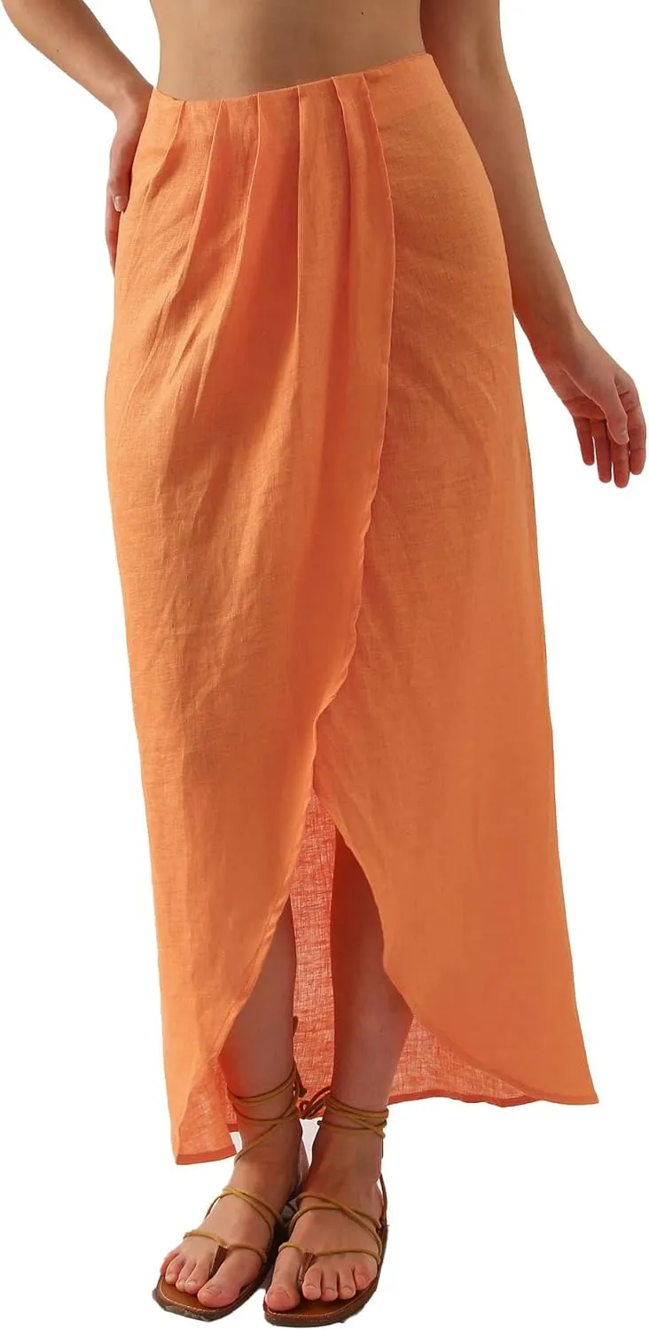 Amazhiyu Womens Pure Linen Slit Asymmetrical High Waist Maxi Draped Summer Skirt