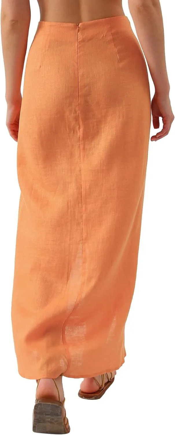 Amazhiyu Womens Pure Linen Slit Asymmetrical High Waist Maxi Draped Summer Skirt