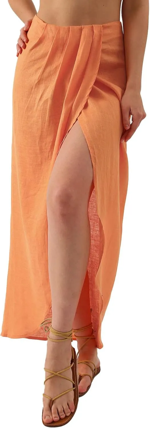 Amazhiyu Womens Pure Linen Slit Asymmetrical High Waist Maxi Draped Summer Skirt