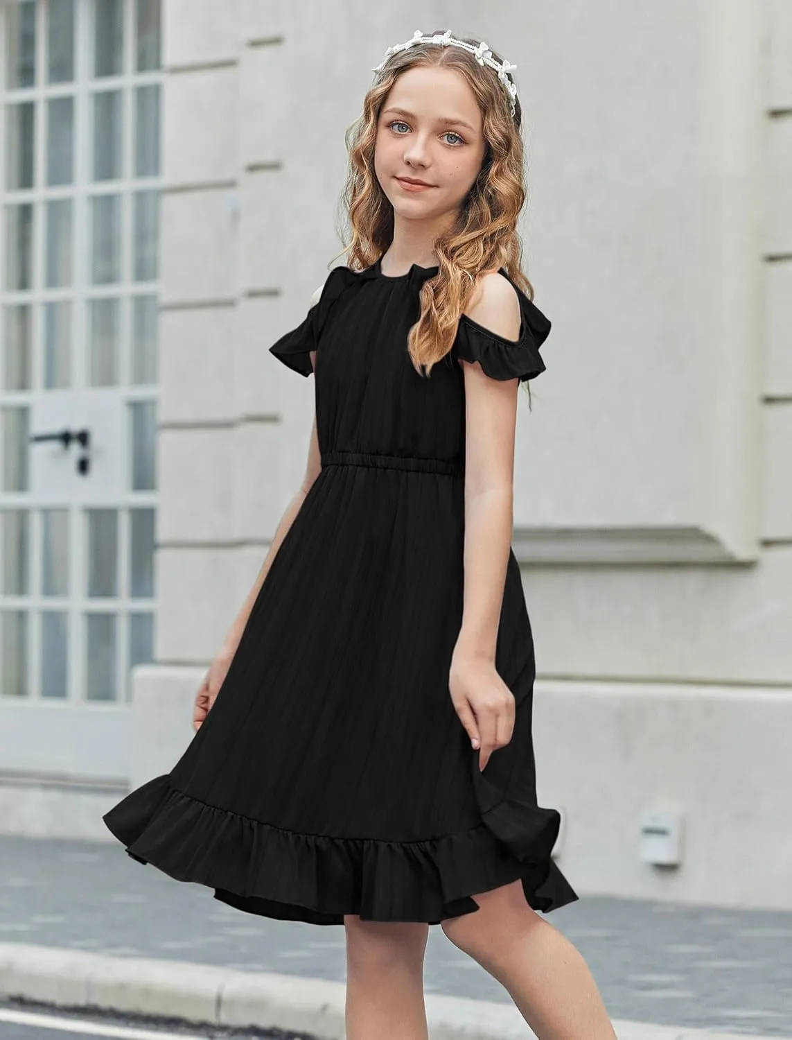 Arshiner Girls Dress Halter Neck Ruffle Sleeveless Formal Party Casual Summer Sundress for 5-14 Years