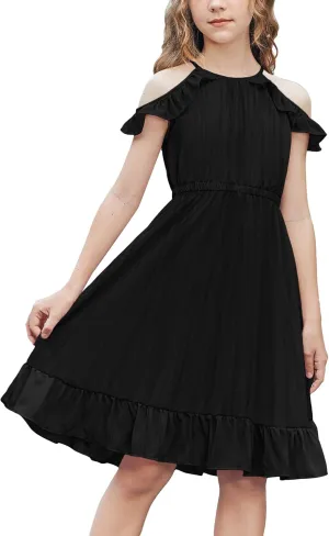 Arshiner Girls Dress Halter Neck Ruffle Sleeveless Formal Party Casual Summer Sundress for 5-14 Years