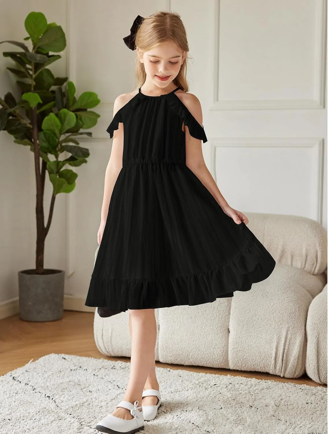 Arshiner Girls Dress Halter Neck Ruffle Sleeveless Formal Party Casual Summer Sundress for 5-14 Years