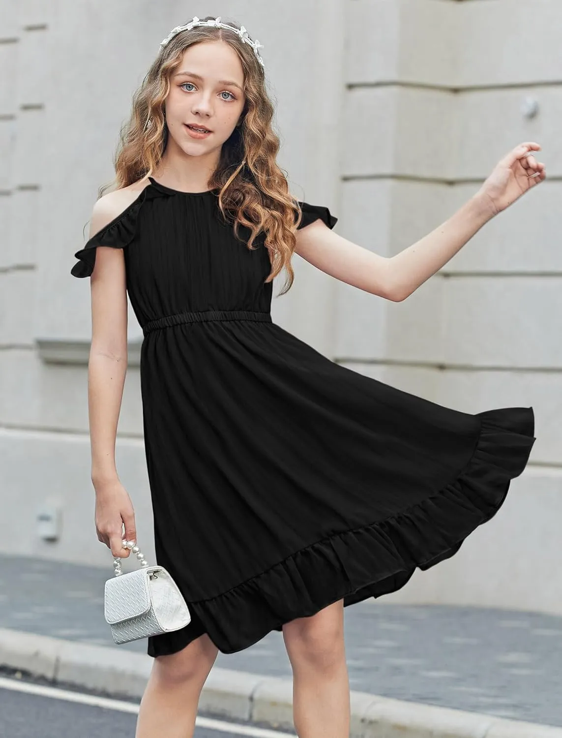 Arshiner Girls Dress Halter Neck Ruffle Sleeveless Formal Party Casual Summer Sundress for 5-14 Years