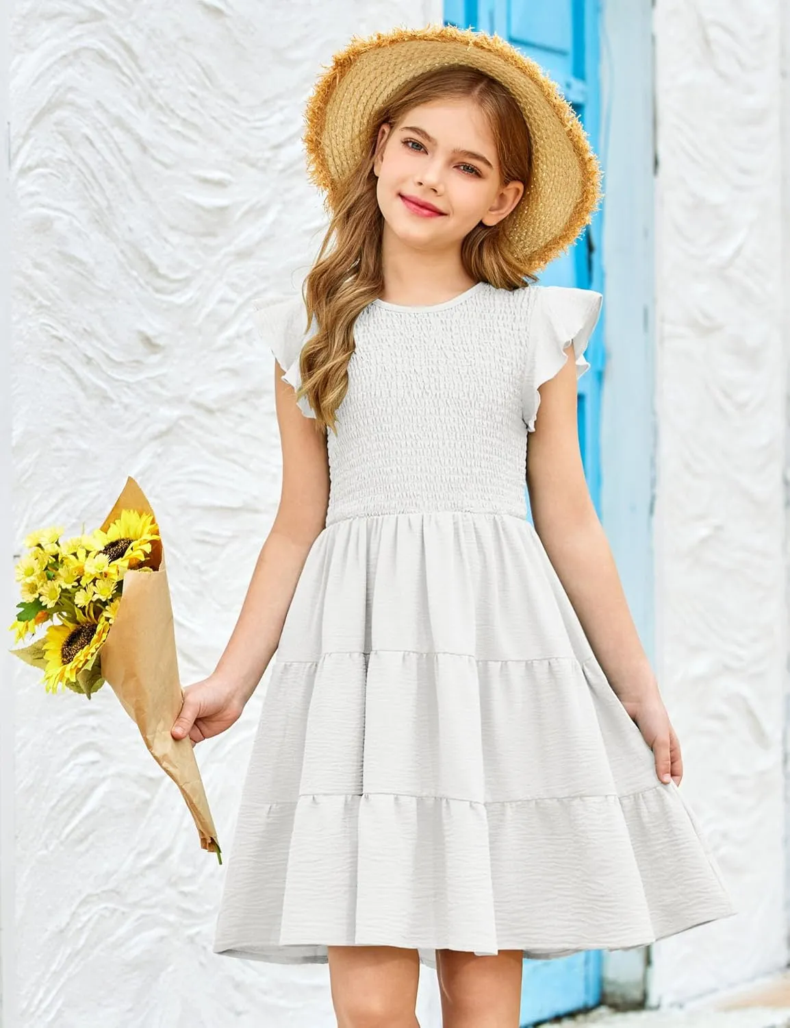 Arshiner Girls Dress Summer Ruffle Sleeve Smocked Tiered Casual Party Sundress with Pockets