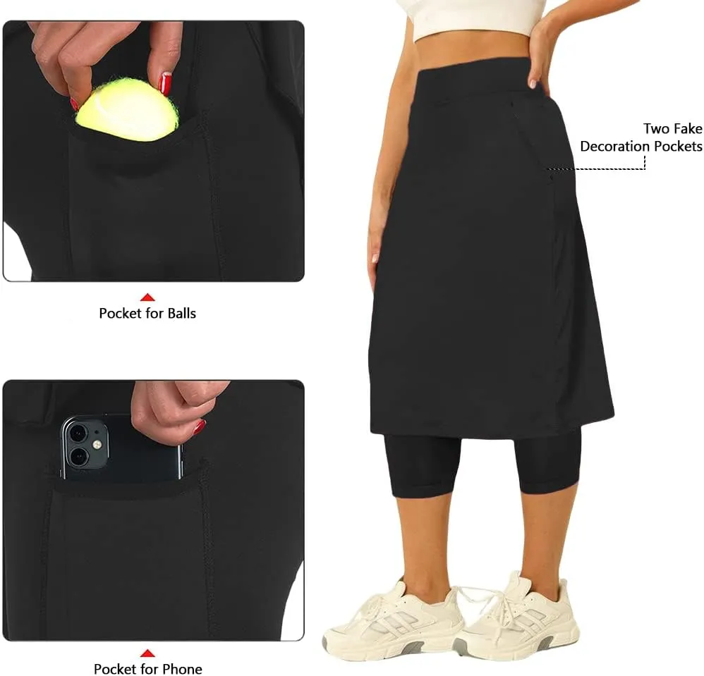 Aurgelmir Womens Tennis Skirt with Capris Leggings Golf Knee Length Skorts Athletic Long Skirts for Women with Pockets