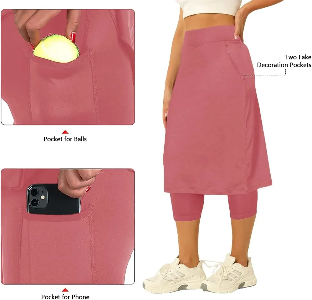 Aurgelmir Womens Tennis Skirt with Capris Leggings Golf Knee Length Skorts Athletic Long Skirts for Women with Pockets