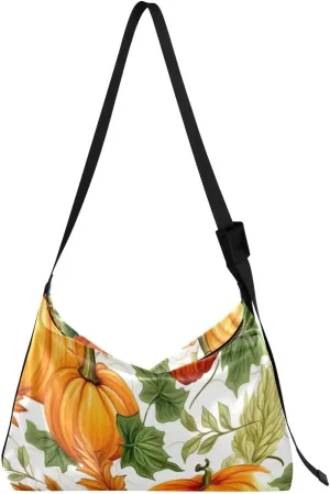 Autumn Pumpkins Green Leaves Tote Bag for Women Large Hobo Bags Crossbody Purse Leather Tote with Adjustable Strap for Travel School