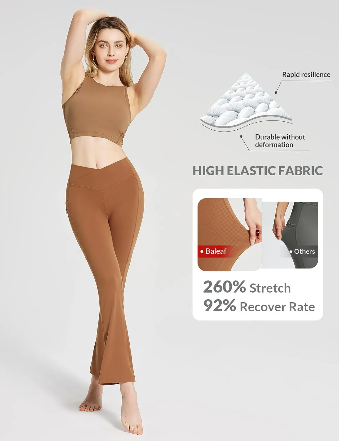 baleaf Women's Flare Leggings with Zipper Pockets Crossover High Waist Bootcut Yoga Pants Tummy Control Bell Bottom Leggings