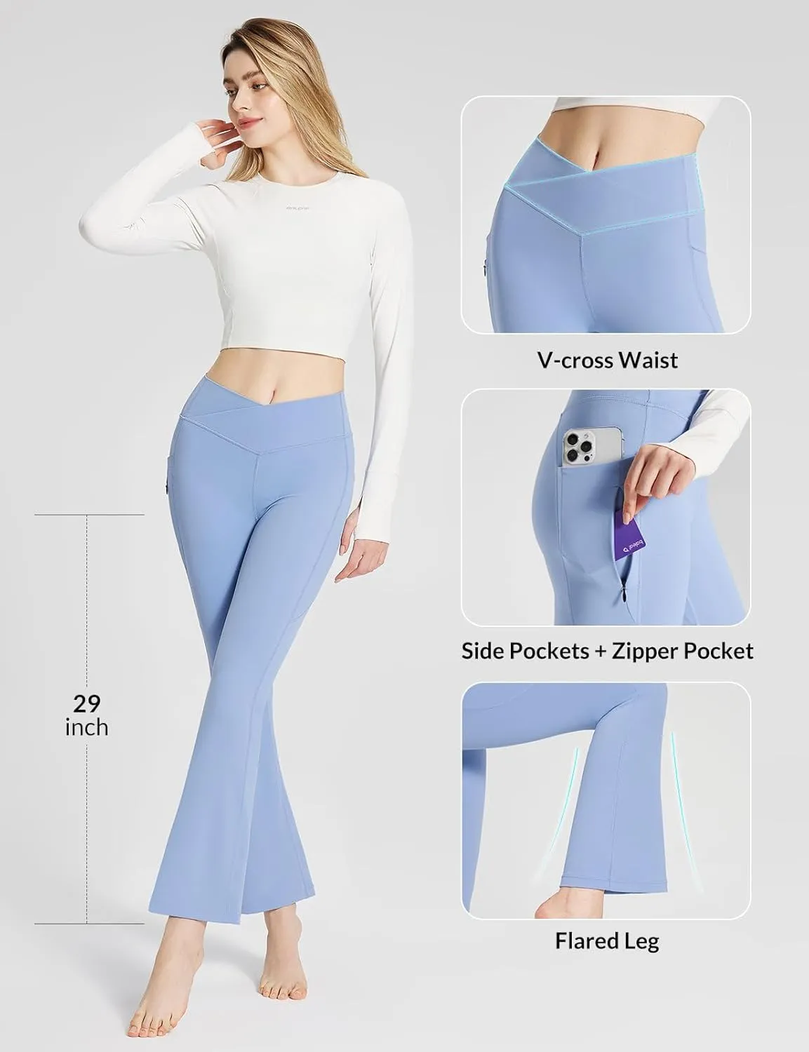 baleaf Women's Flare Leggings with Zipper Pockets Crossover High Waist Bootcut Yoga Pants Tummy Control Bell Bottom Leggings