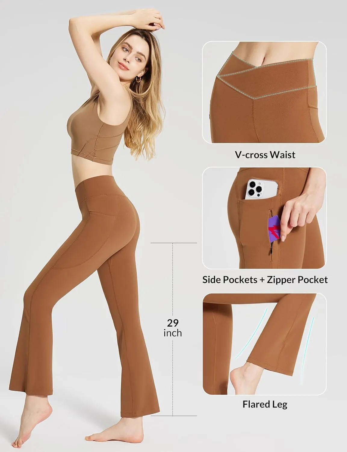 baleaf Women's Flare Leggings with Zipper Pockets Crossover High Waist Bootcut Yoga Pants Tummy Control Bell Bottom Leggings