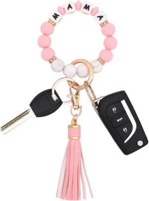 BAOSIWA Silicone Beaded Bracelet Keychain Wristlet Key Ring Bangle Chains for Women with Leather Tassel