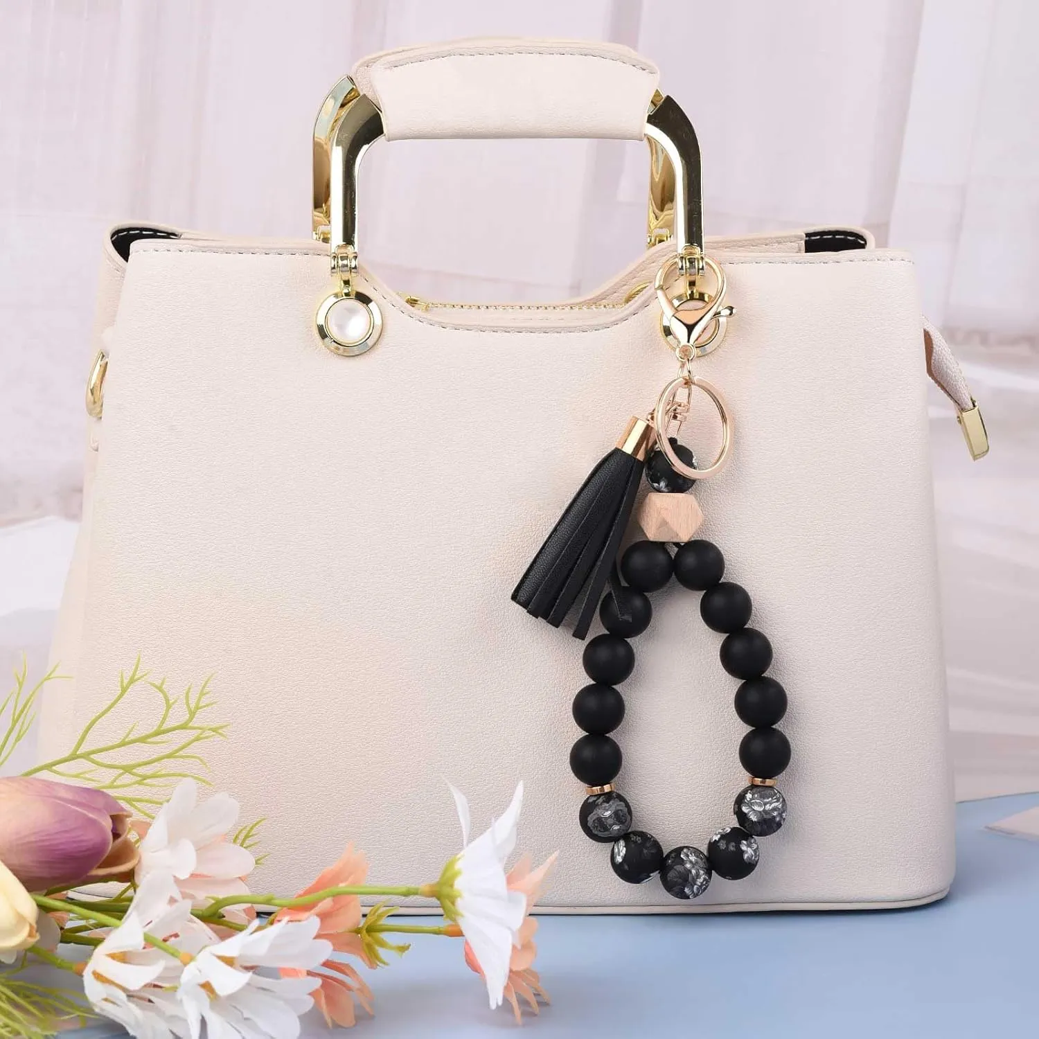 BAOSIWA Silicone Key Ring Bracelet Wristlet Keychain Unique Beaded Bangle Key Chains for Women with Leather Tassel