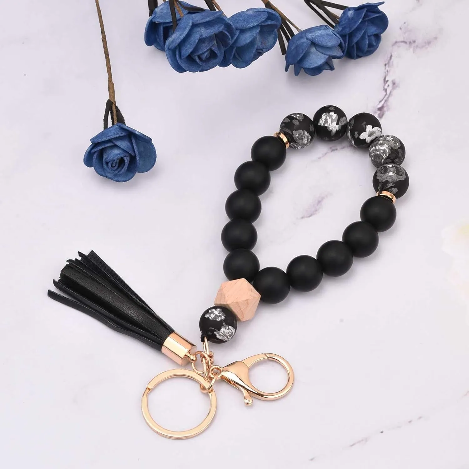 BAOSIWA Silicone Key Ring Bracelet Wristlet Keychain Unique Beaded Bangle Key Chains for Women with Leather Tassel