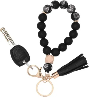 BAOSIWA Silicone Key Ring Bracelet Wristlet Keychain Unique Beaded Bangle Key Chains for Women with Leather Tassel