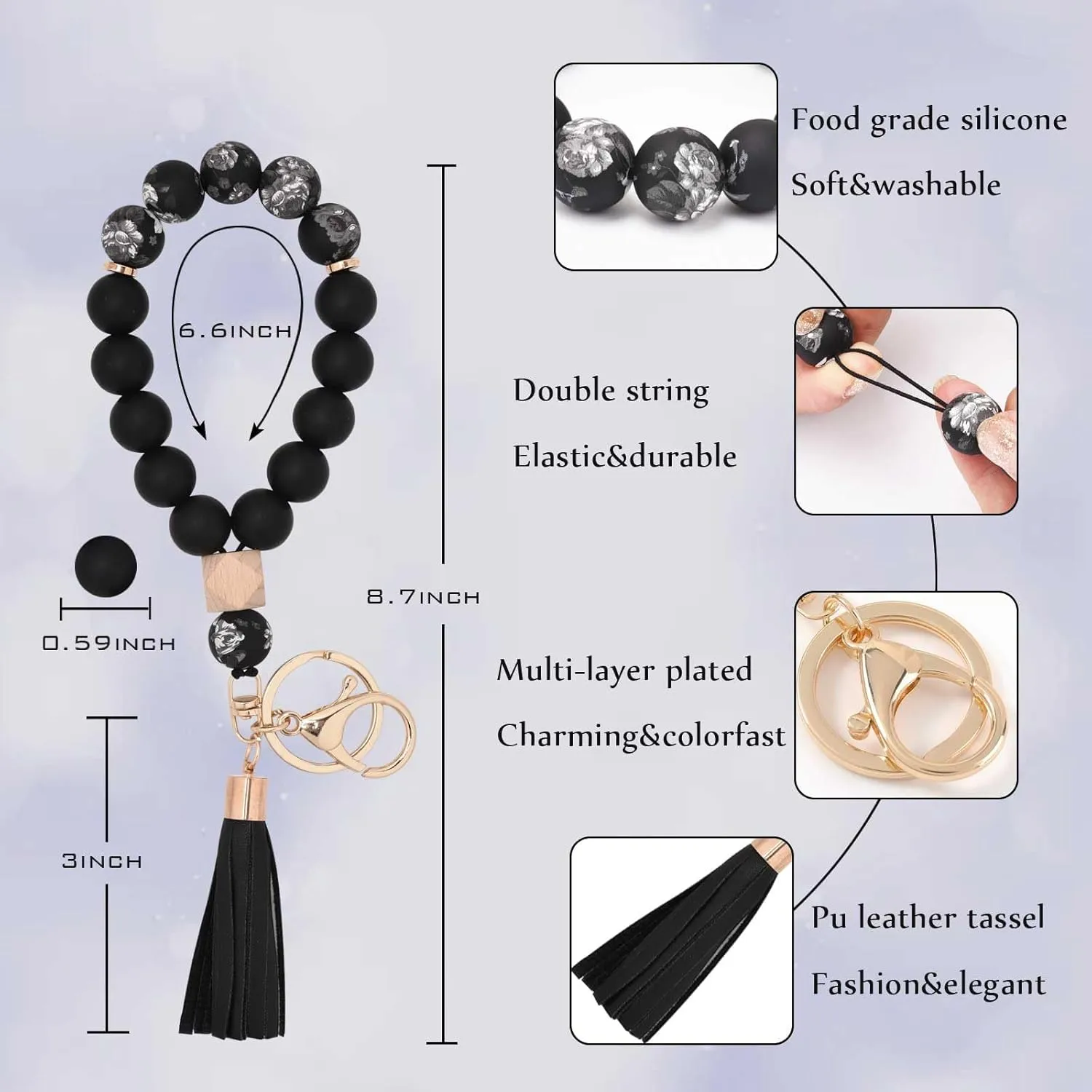 BAOSIWA Silicone Key Ring Bracelet Wristlet Keychain Unique Beaded Bangle Key Chains for Women with Leather Tassel