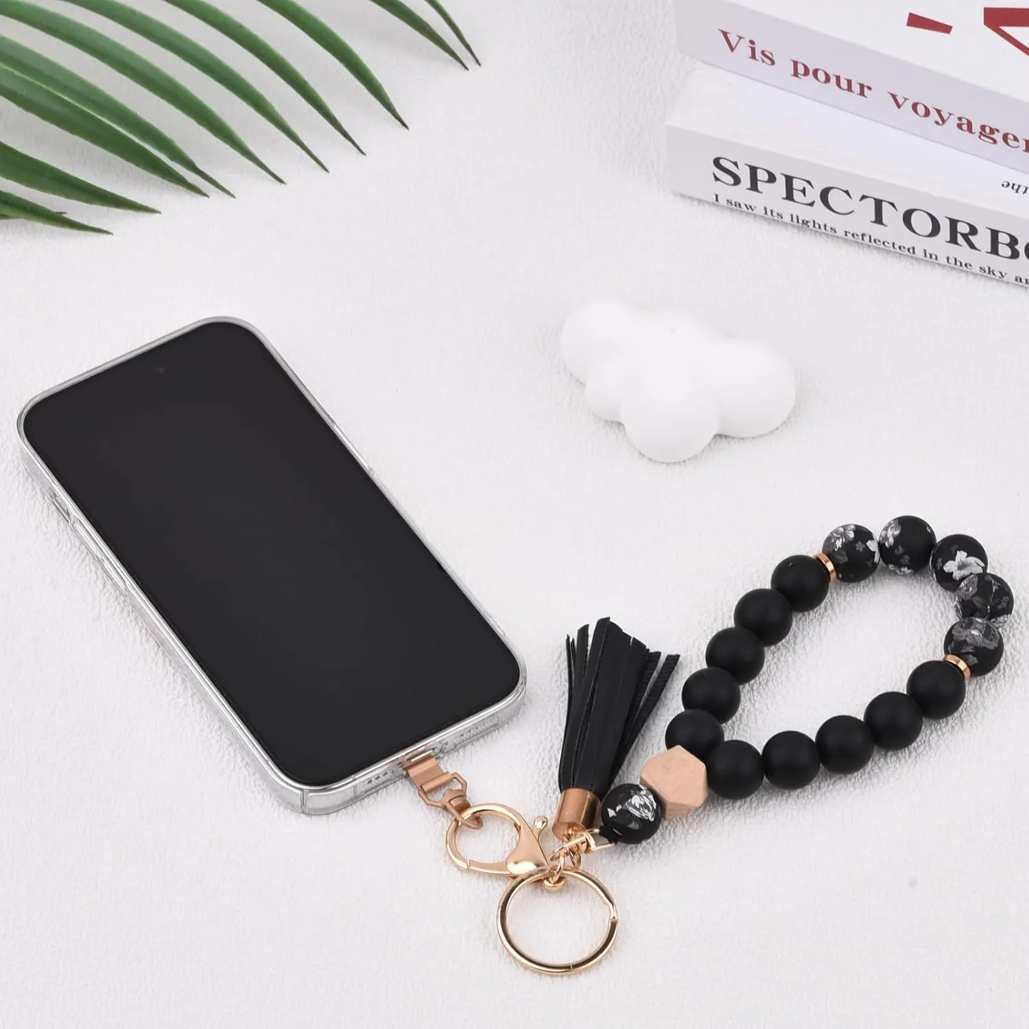 BAOSIWA Silicone Key Ring Bracelet Wristlet Keychain Unique Beaded Bangle Key Chains for Women with Leather Tassel