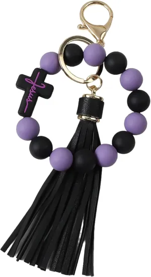 Beaded Keychain Wristlet Silicone Cross Elastic Wrist Key Ring Tassel Bangle Key Chains for Car Key Bracelet Women