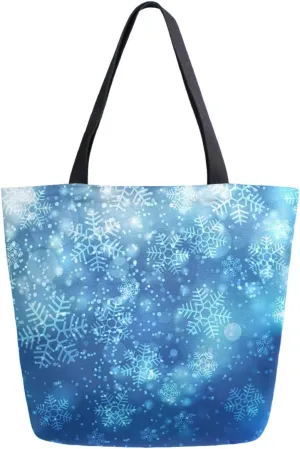 Beautiful Christmas Snowflake Pattern Extra Large Canvas Shoulder Tote Top Storage Handle Bag for Gym Beach Weekender Travel Reusable Grocery Shopping