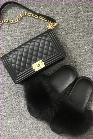 Black Jelly Shoulder Bag And Slides Set