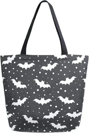 Black White Bats Halloween Extra Large Canvas Shoulder Tote Storage Top Handle Bag for Gym Weekender Summer Beach Travel Reusable Grocery Shopping
