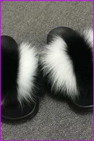 Black White Fox Full-Pelt Fur Sliders DF003