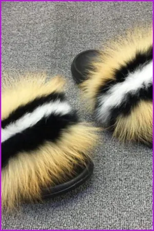 Black White Yellow Mixed Fox Full-Pelt Fur Sliders DF003