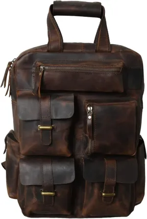 Buffalo Leather Backpack Rucksack Shoulder Bag, Cushion Padded Compartment Fits 17 Inch Laptop, Men Women Office Business College Handbag Daypack