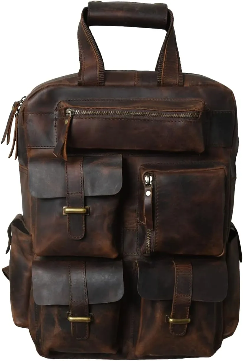 Buffalo Leather Backpack Rucksack Shoulder Bag, Cushion Padded Compartment Fits 17 Inch Laptop, Men Women Office Business College Handbag Daypack