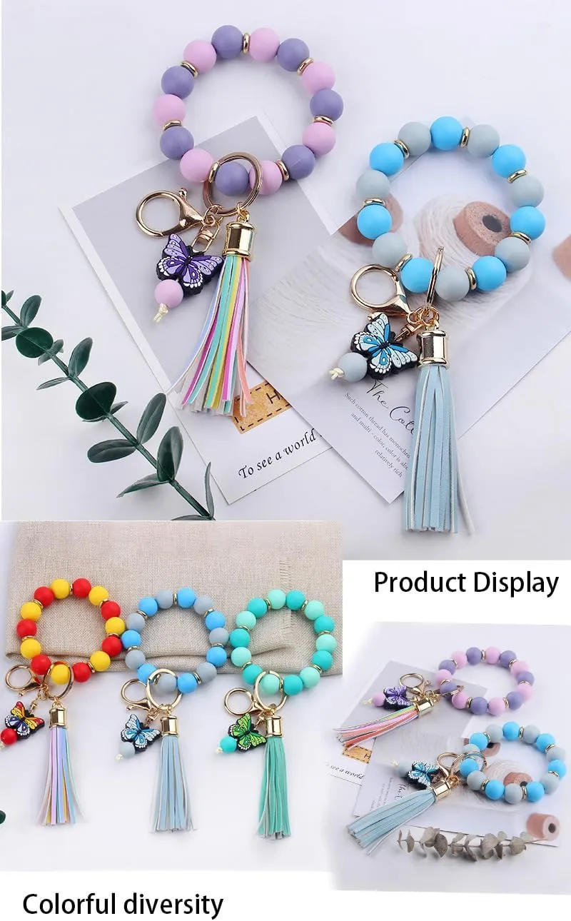 Butterfly Keychain Bracelet for Women,Leather PU Tassel Wrist Bangle Pendant Keyring,Silicone Beaded Wristlet Key Chains