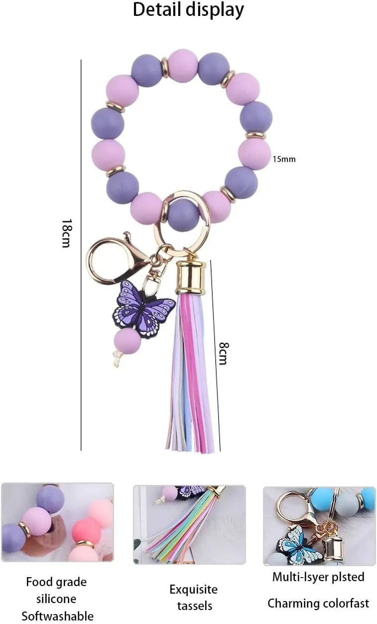 Butterfly Keychain Bracelet for Women,Leather PU Tassel Wrist Bangle Pendant Keyring,Silicone Beaded Wristlet Key Chains
