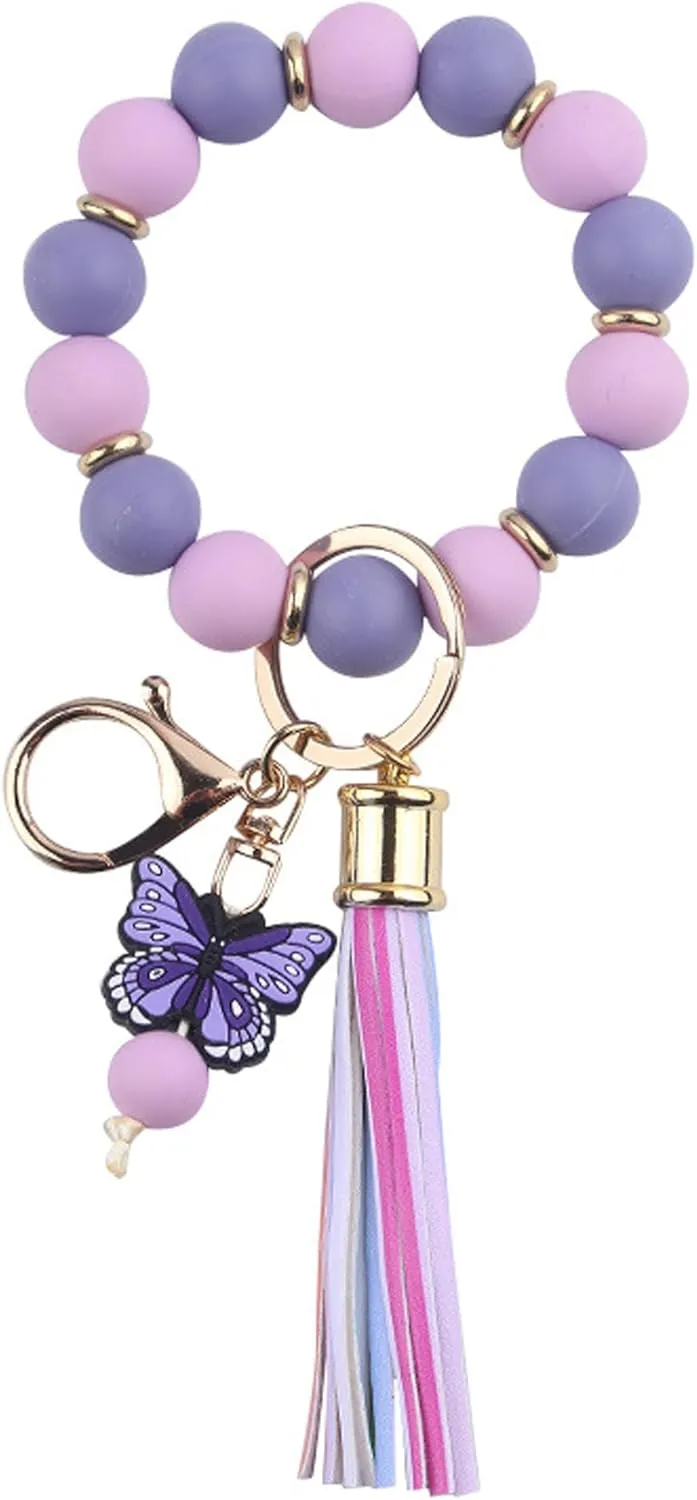 Butterfly Keychain Bracelet for Women,Leather PU Tassel Wrist Bangle Pendant Keyring,Silicone Beaded Wristlet Key Chains