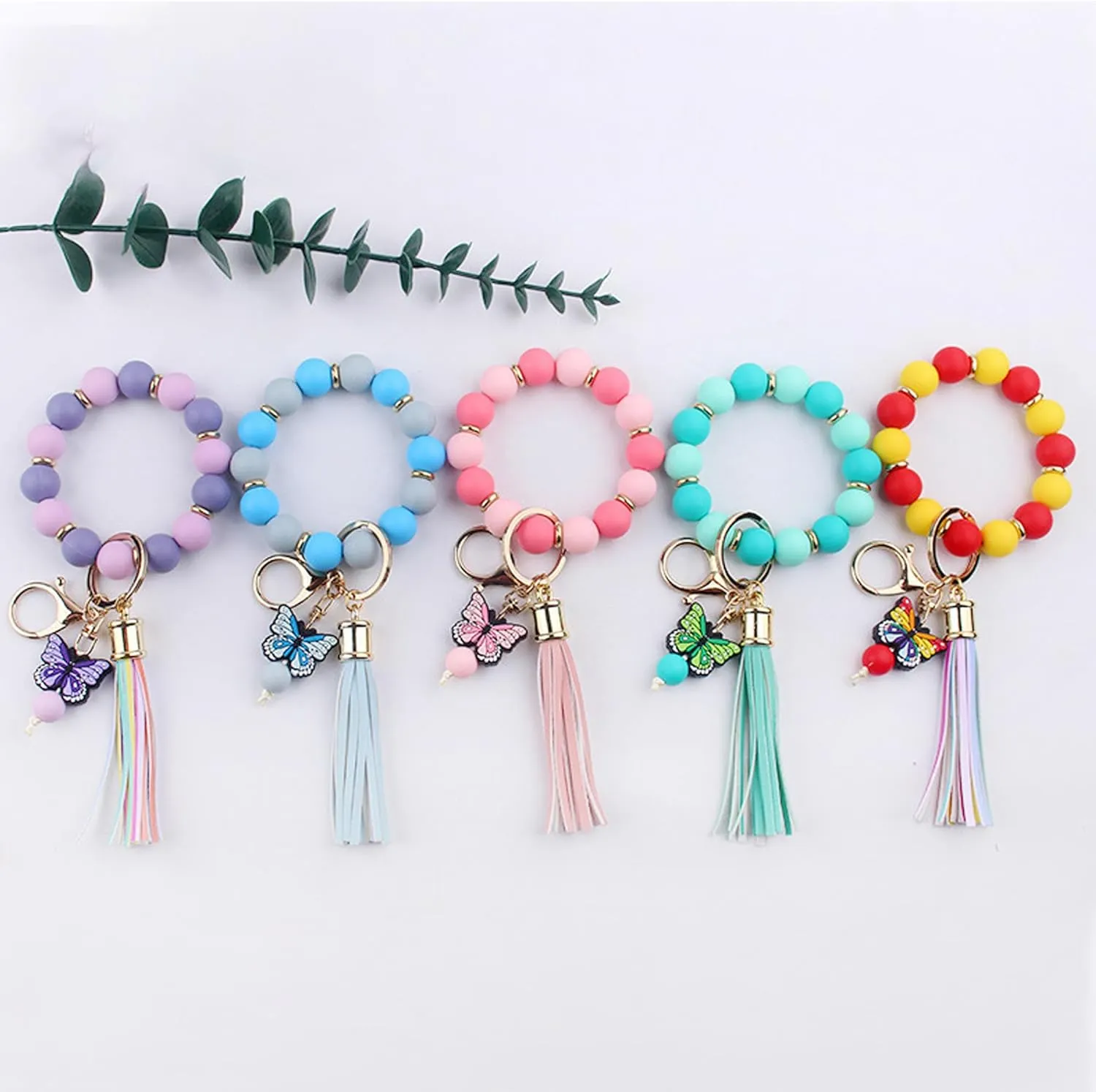 Butterfly Keychain Bracelet for Women,Leather PU Tassel Wrist Bangle Pendant Keyring,Silicone Beaded Wristlet Key Chains