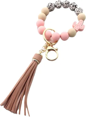 Cactus Wristlet Keychain Leather Tassel Silicone Beaded Key Ring Bracelet Car Key Holder Bangle Chains for Women