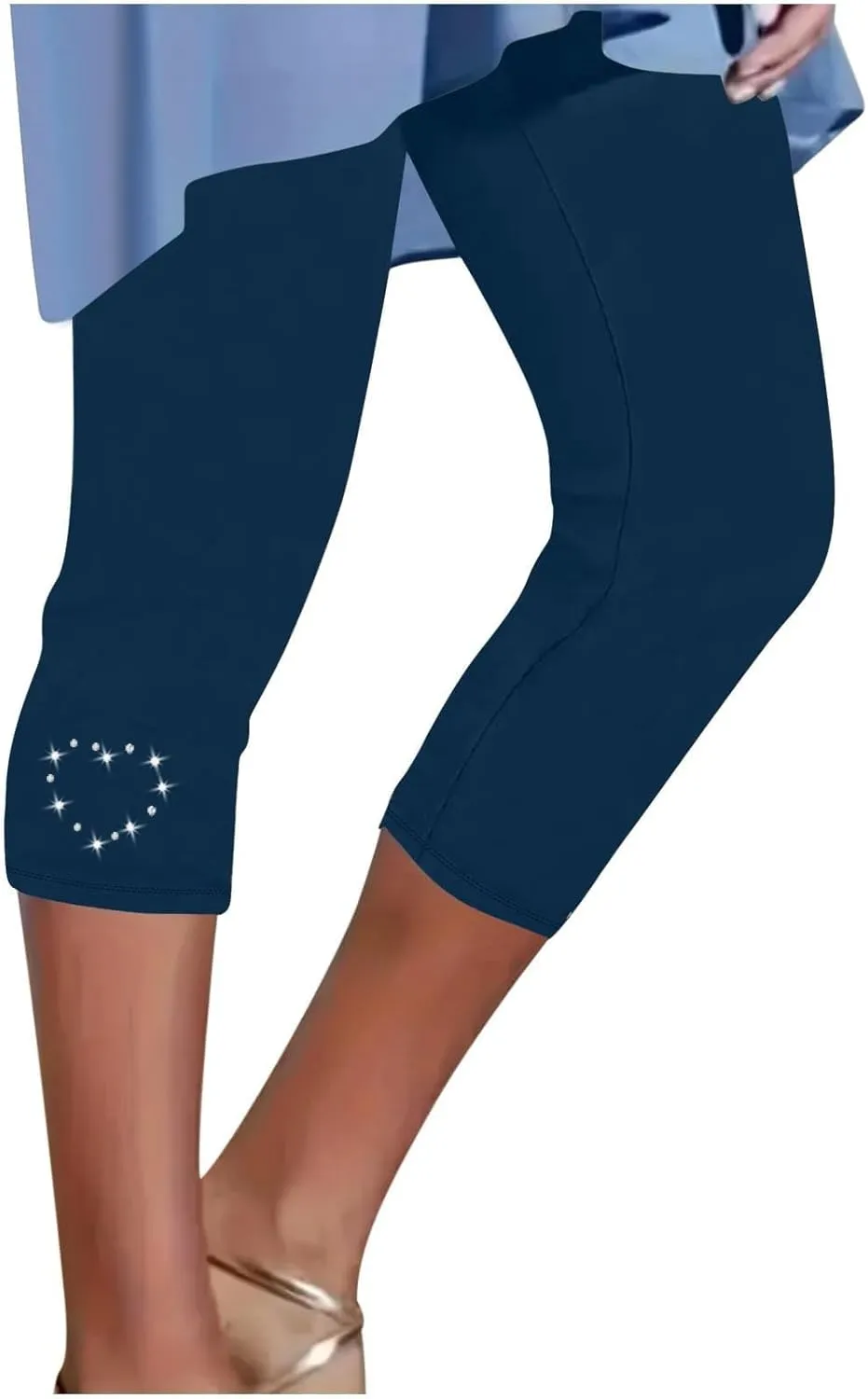 Capri Leggings for Women Rhinestone High Waist Capris Pants Tummy Control Knee Length Slim Fit Yoga Cropped Trouser