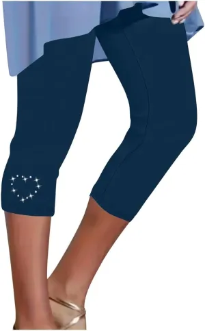 Capri Leggings for Women Rhinestone High Waist Capris Pants Tummy Control Knee Length Slim Fit Yoga Cropped Trouser