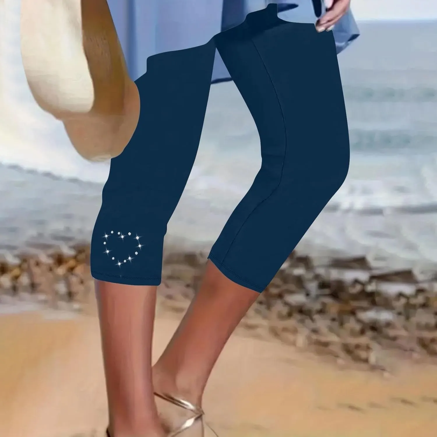 Capri Leggings for Women Rhinestone High Waist Capris Pants Tummy Control Knee Length Slim Fit Yoga Cropped Trouser