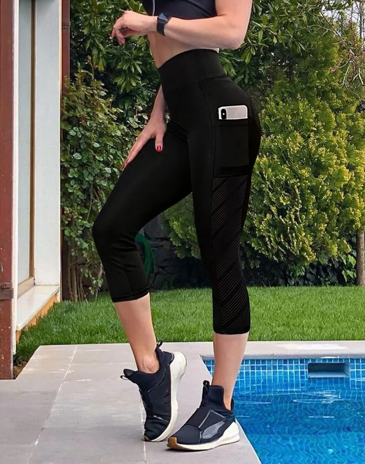 Capri Leggings for Women with Pockets High Waisted Gym Yoga Pants Running Tights