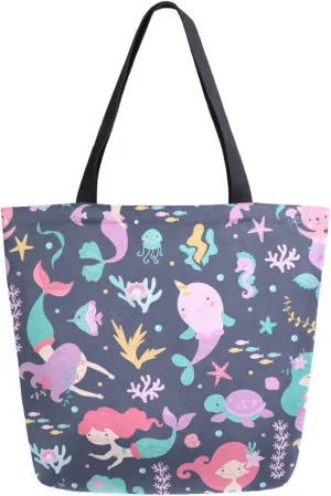 Chic Extra Large Shoulder Grocery Tote Bag, Beautiful Cartoon Mermaid Turtle Dolphin Canvas Daily Handle Bag for Gym Yoga Weekender Beach Travel Picnic Kitchen Reusable Market Shopping
