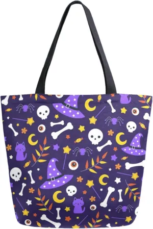 Chic Extra Large Shoulder Grocery Tote Bag, Cartoon Halloween Witch's Hat Candy Bone Canvas Daily Handle Bag for Gym Yoga Weekender Beach Travel Picnic Kitchen Reusable Market Shopping