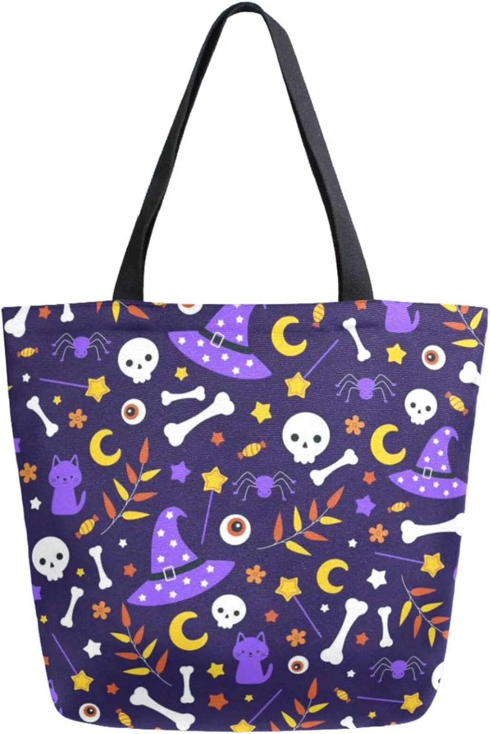 Chic Extra Large Shoulder Grocery Tote Bag, Cartoon Halloween Witch's Hat Candy Bone Canvas Daily Handle Bag for Gym Yoga Weekender Beach Travel Picnic Kitchen Reusable Market Shopping