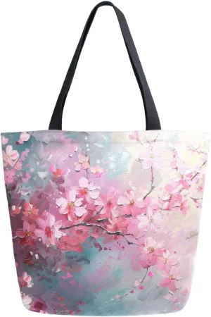 Chic Extra Large Shoulder Grocery Tote Bag, Painting Art Cherry Blossom Flowers Canvas Daily Handle Bag for Gym Yoga Weekender Beach Travel Picnic Kitchen Reusable Market Shopping