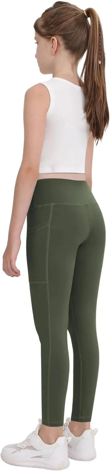 CHRLEISURE Girls' Athletic Leggings with Pockets, 5 Packs Kids Teen Dance Yoga Workout Running Pants for 5-15 Years